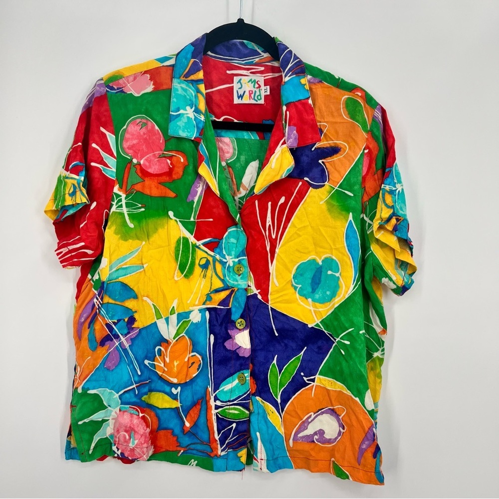 Jams World Rayon Wax Flower Button Blouse Shirt Hawaiian Top Short Sleeve XL - Picture 1 of 7